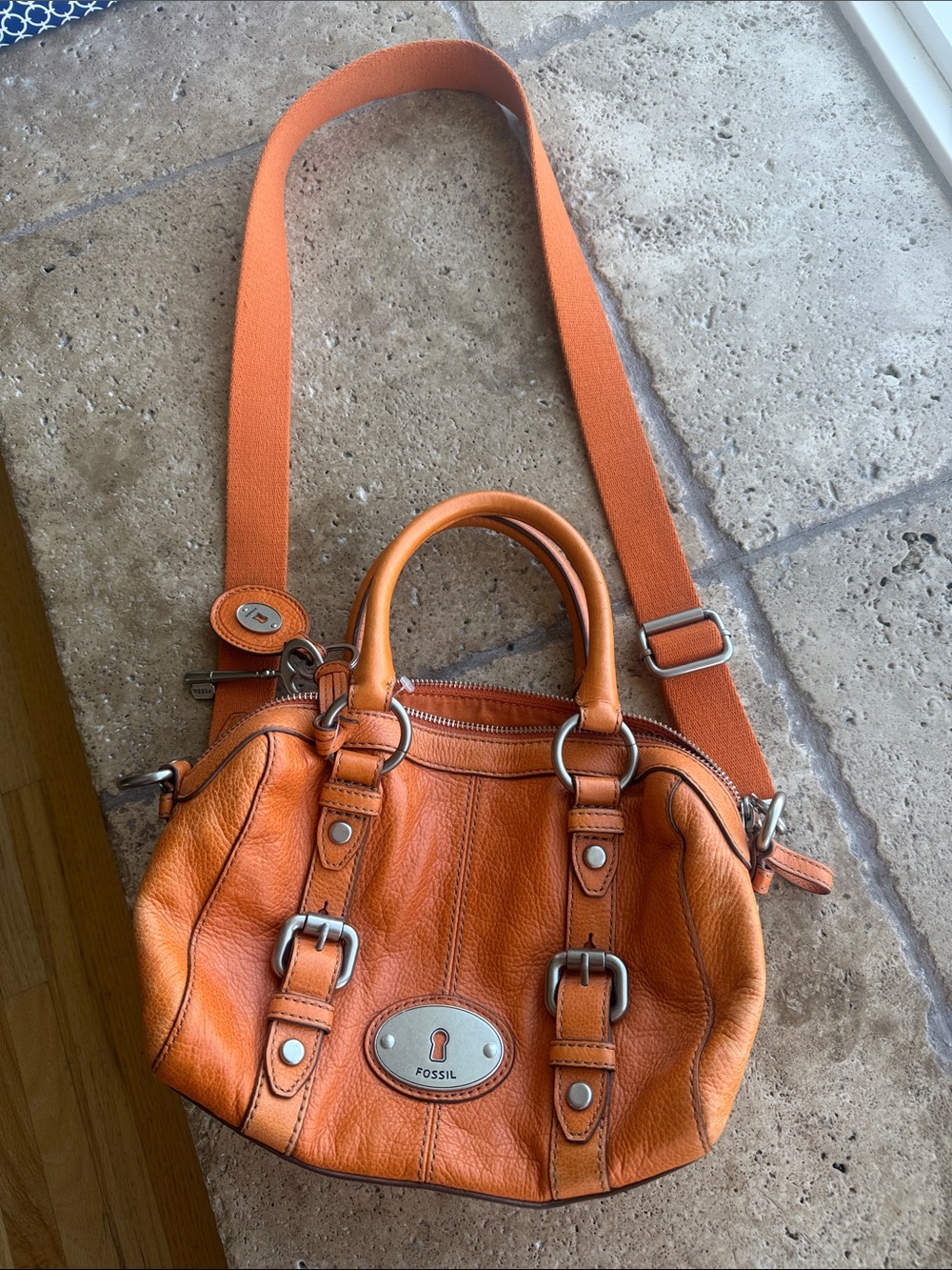 Fossil Orange Leather Satchel with Adjustable Strap
